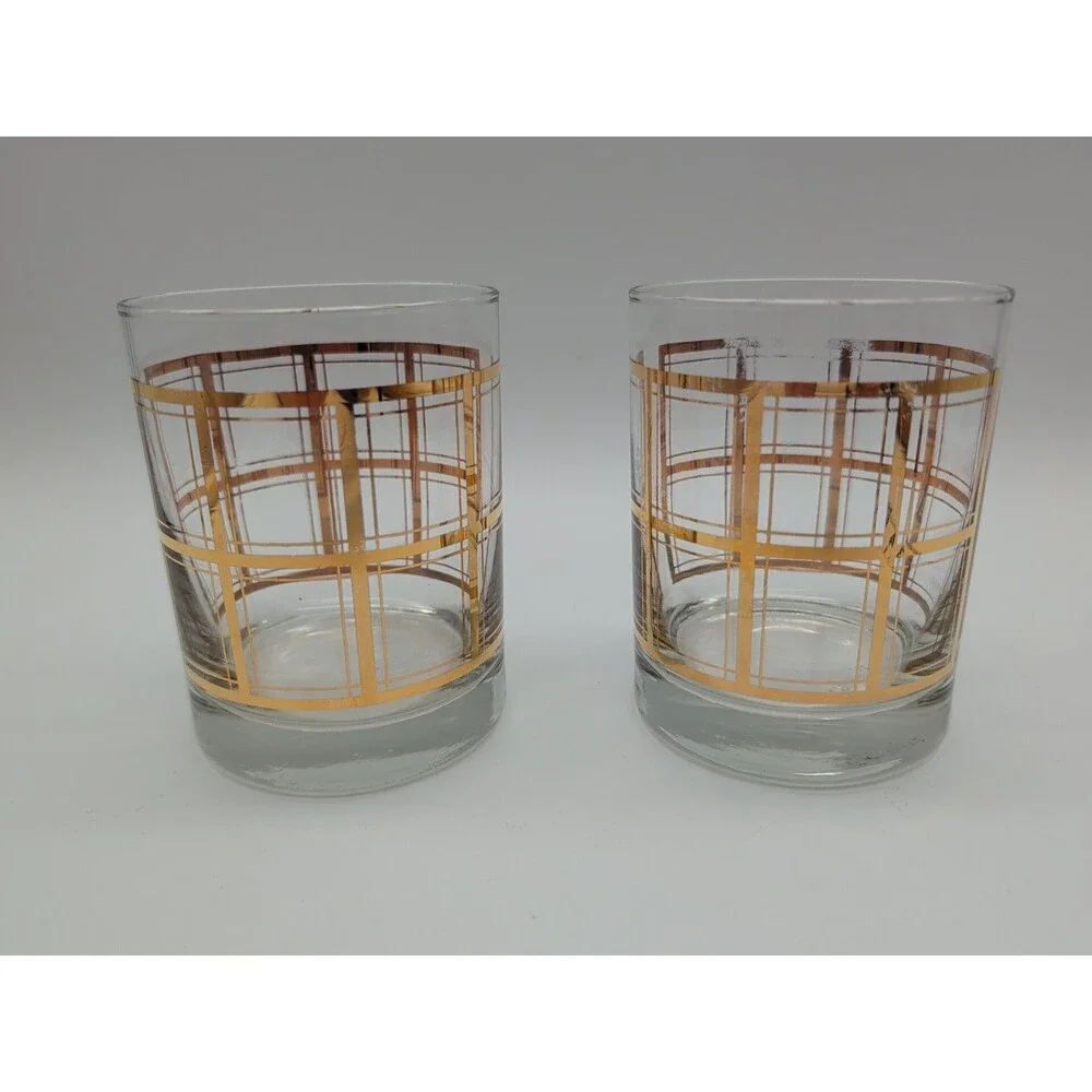 Two Window Pane Double Old Fashioned Glasses Lowball Hollywood Regency